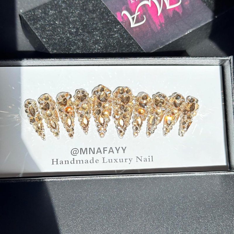 Luxury Gems Handmade Gold Stiletto Press-On Nails - 3D Rhinestone Full Cover Acrylic Nail Kit | Reusable, Gorgeous Design, Size L