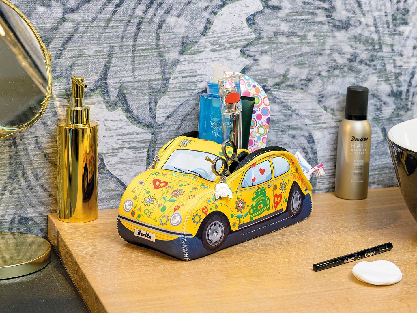 BRISA VW Collection - Volkswagen Neoprene Universal Makeup Cosmetics Toiletry Travel Pharmacy Bag in Beetle Design (Flower/Yellow/Large)