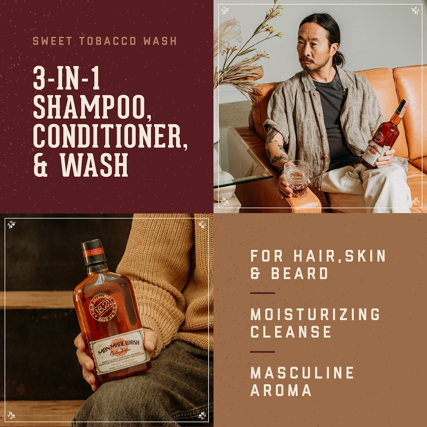 18.21 Man Made Original Four-Scent Variety-Pack 3-in-1 Body Wash, Shampoo, & Conditioner for Men, All Hair & Skin Types, Strengthens and Moisturizes in a Manly Aroma