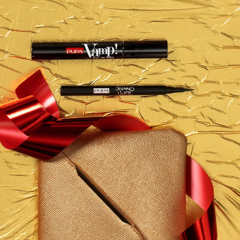 Pupa Vamp! All In One And Skinny Liner Set - Spectacular Volume Mascara - Suitable For Sensitive Eyes And Contact Lens Wearers - Ultra-Slim Eyeliner Pen - Clutch Bag With Metallic Detail - 3 Pc Kit