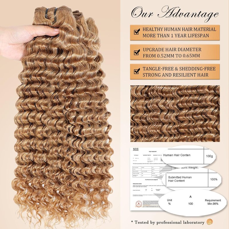 Honey Blonde Deep Wave Human Hair Bundles - 100% Brazilian Virgin Hair | 3 Bundles (16, 18, 20 Inches)
