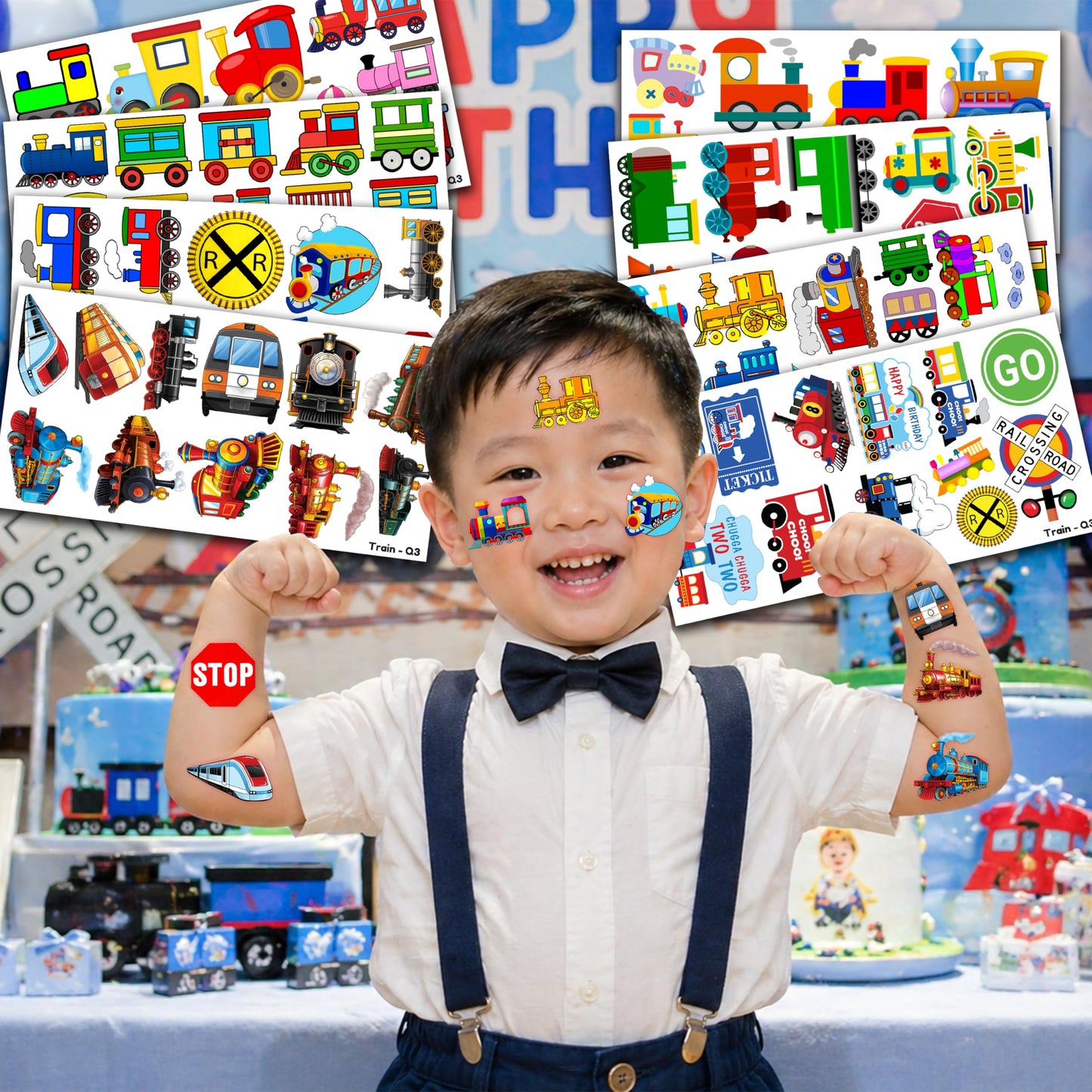 Train Temporary Tattoos for Kids - 8 Sheets 96 PCS Cute Railway Crossing Stickers, Birthday Party Favors, Supplies & Decorations for Boys and Girls