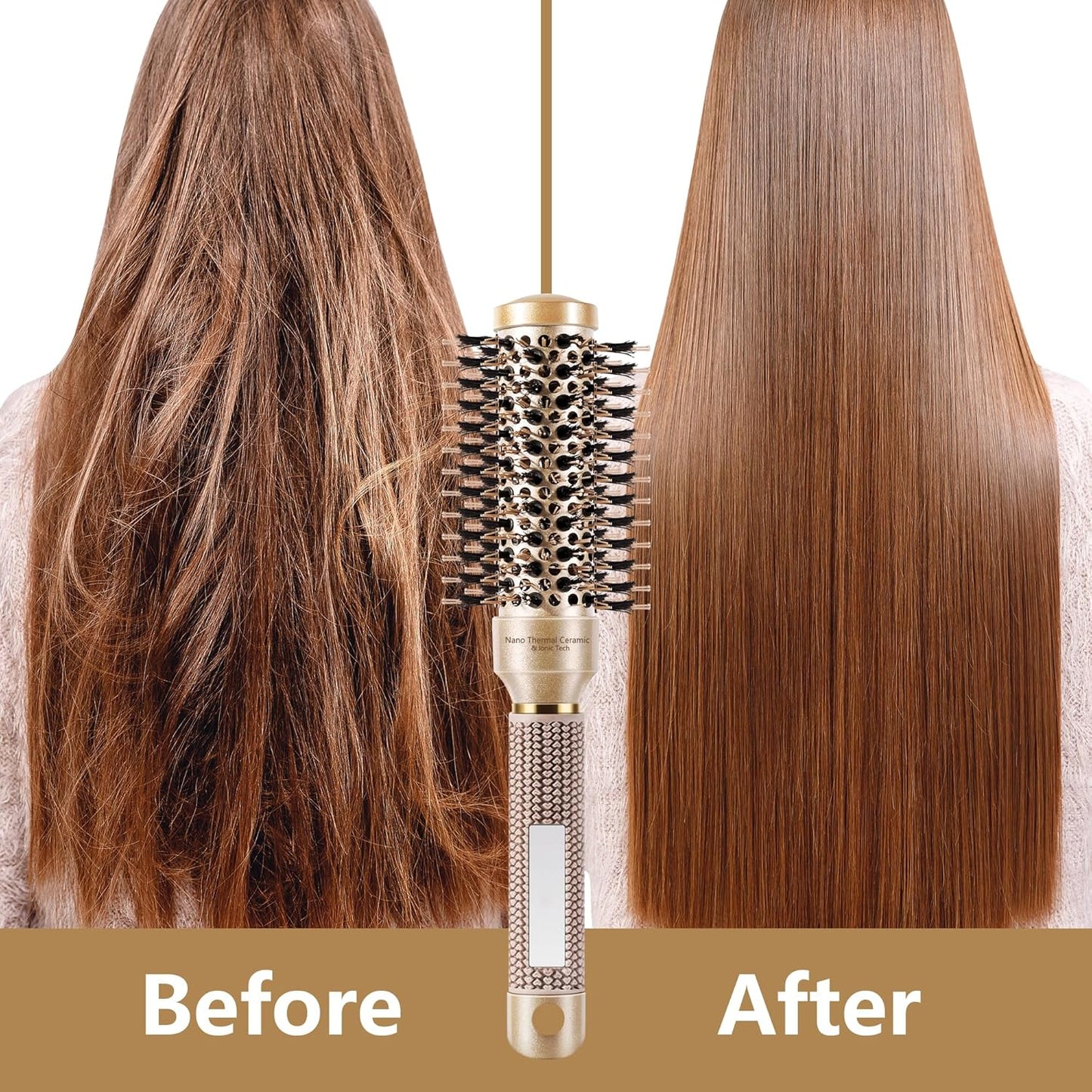 SIMPOR Round Hair Brush - Nano Thermal Ceramic & Ionic Tech | 1.3 Inch Gold Boar Bristles for Blow Drying & Styling
