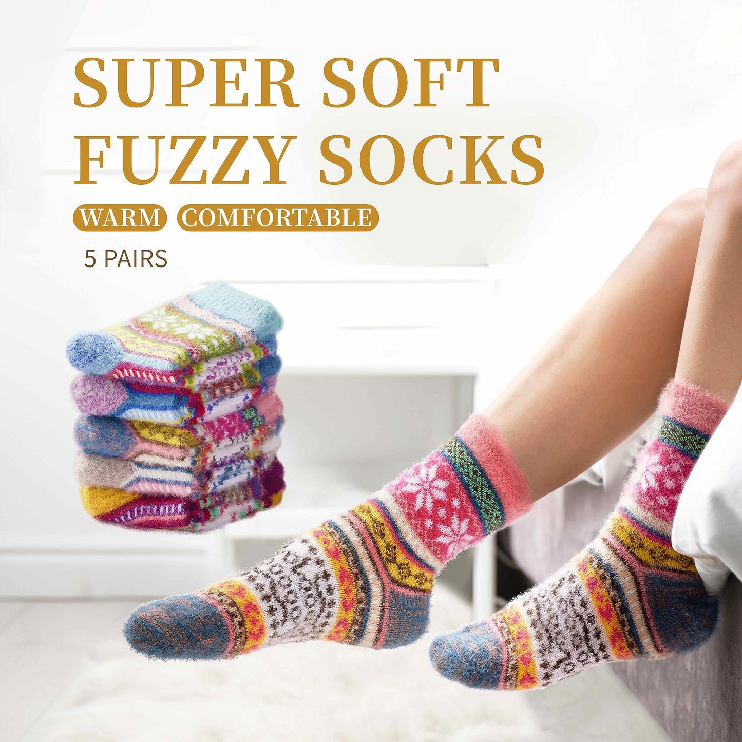 ICEIVY 5 Pair Fuzzy Cozy Fluffy Socks for Women, Warm Comfy Soft Casual Home Sleep Winter Wool Socks, Gifts for Women