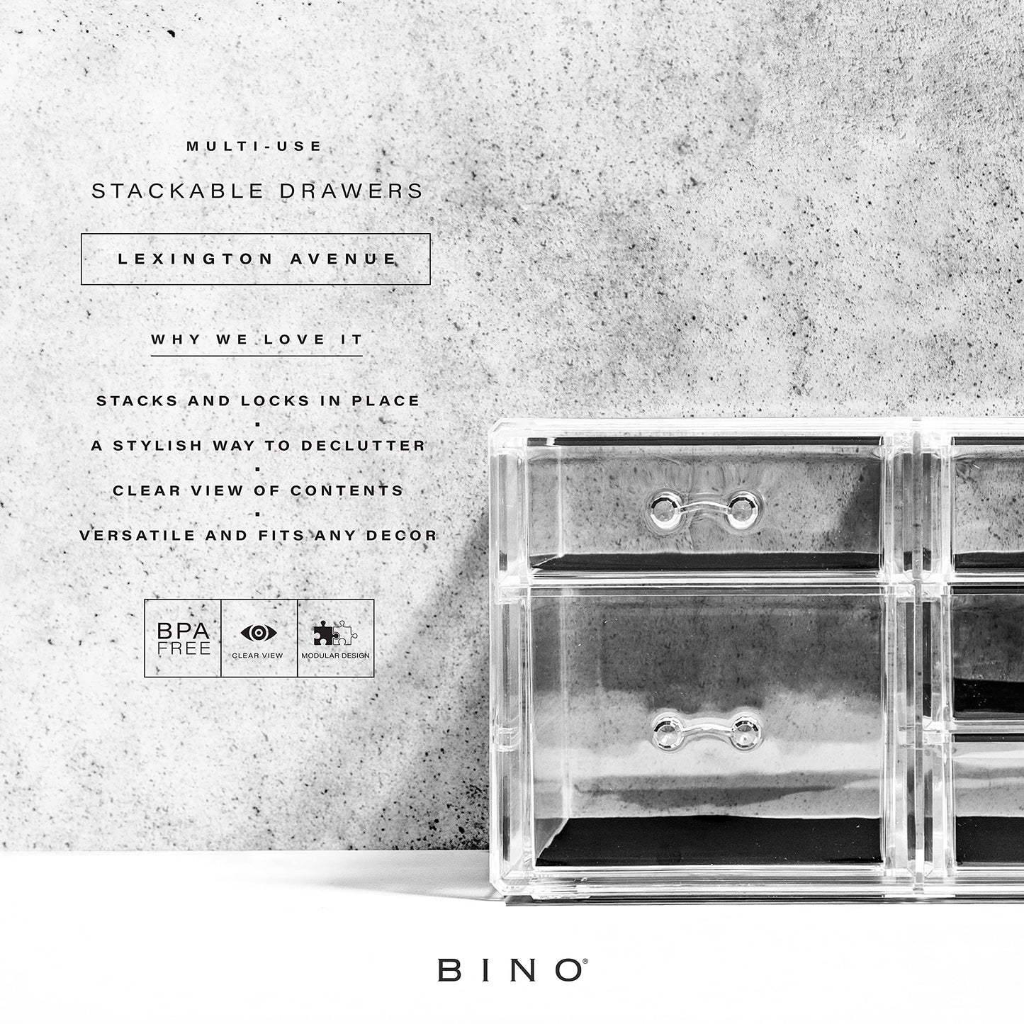 BINO | 3-Drawer Makeup Organizer, Park Avenue | THE MANHATTAN SERIES | Modular Design Storage Drawers | Vanity Acrylic Organizers | Stackable Storage Bins | Clear Makeup Organizers And Storage
