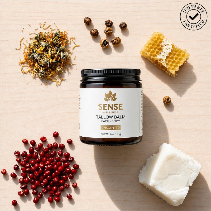 Sense Wellness Beef Tallow for Face & Skin, Moisturizing Balm for Dry Sensitive Skin with Manuka Honey, Unscented, 4 oz