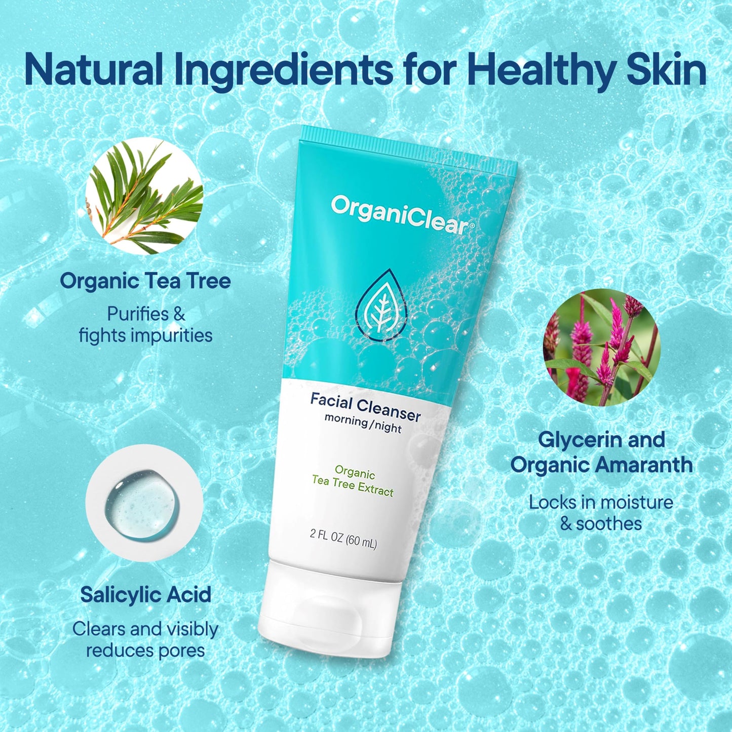 OrganiClear Facial Cleanser w/Organic Tea Tree & Salicylic Acid – Gentle Daily Foaming Gel Face Wash for Deep Cleansing & Makeup Removal – Unclogs Pores, Eliminates Dirt & Oil - No Dryness, (2 oz)
