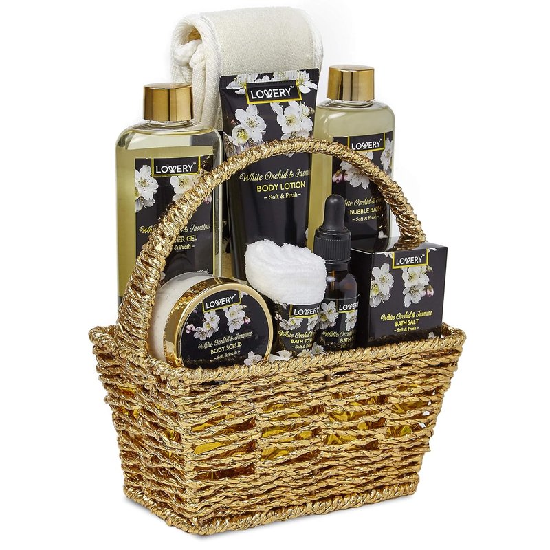 Mother's Day Gift Basket - Orchid & Jasmine Spa Set with Body Scrubs, Lotions & Oils | 9-Piece Care Package for Mom