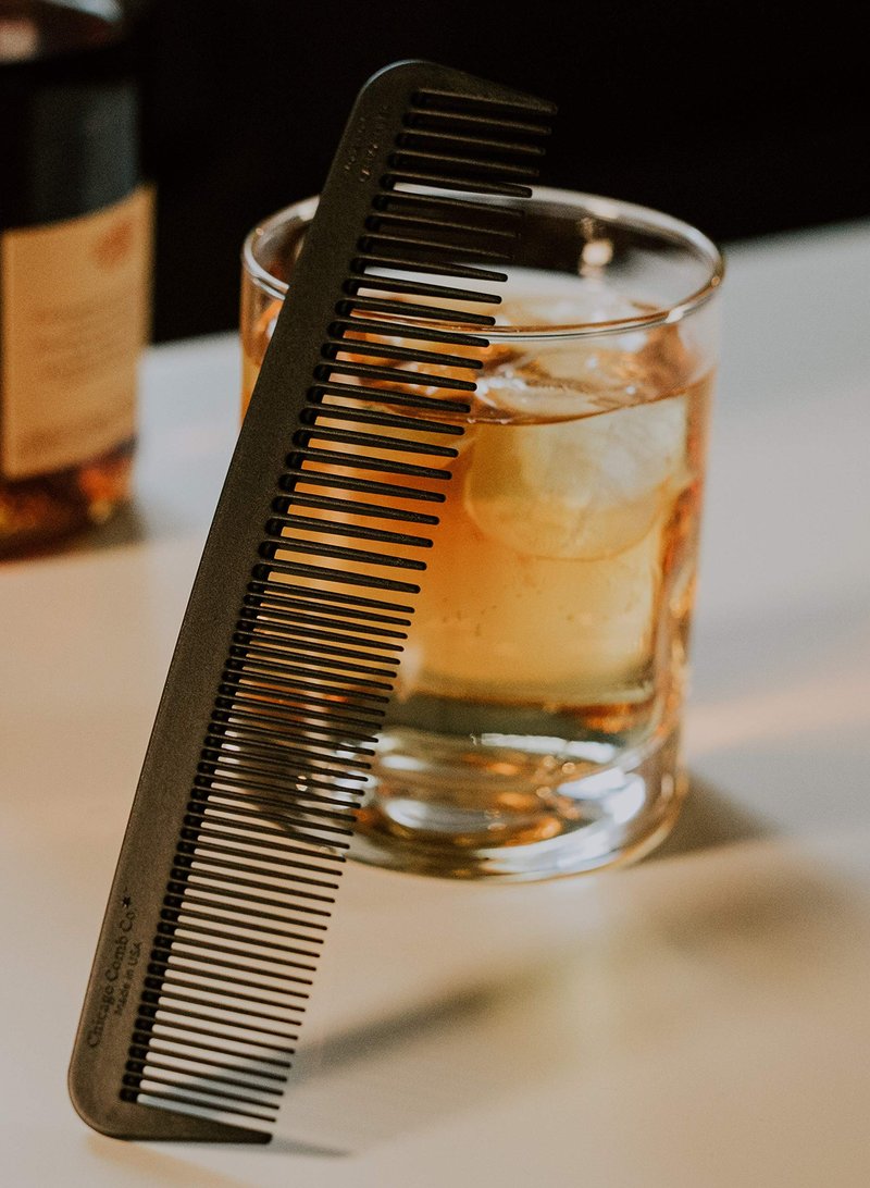 Chicago Comb Model 6 Carbon Fiber Comb + Dublin Black Horween leather sheath, Made in USA, ultimate styling comb, for men & women, smooth strong & light, anti-static, American-made leather case