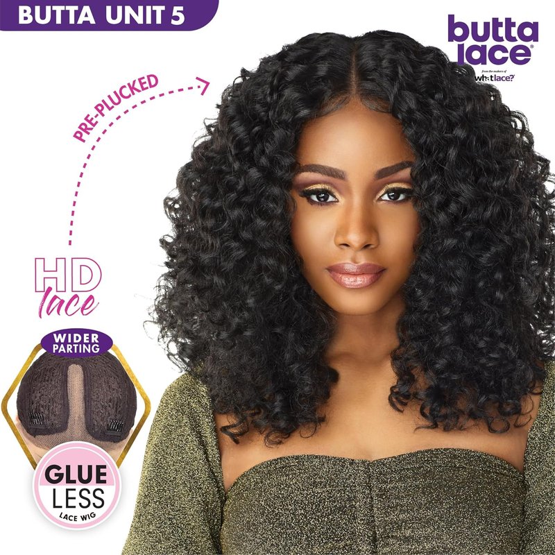 Sensationnel Butta Lace Wigs - Extra Wide 5-Inch Deep Parting Synthetic Lacefront | Glueless, Preplucked Hairline (1B Off Black)