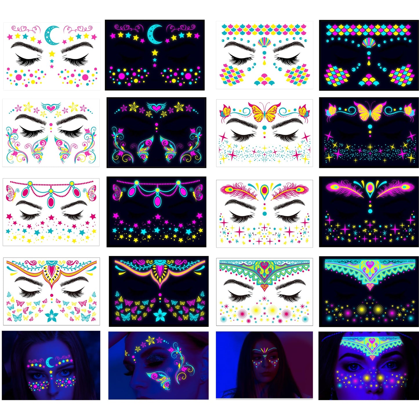 Neon Face Tattoos Glow in The Dark Temporary Tattoos,UV Blacklight Tattoos Stickers Body Face Flowers Butterfly Tattoo for Glow Party Makeup Supplies Favors
