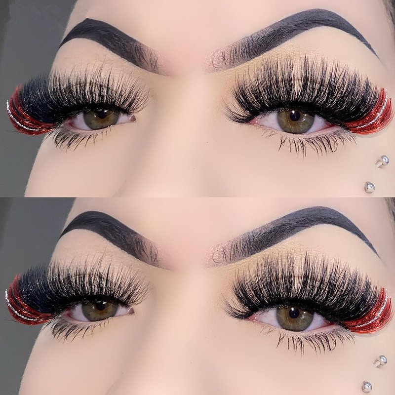 Voluminous Black False Eyelashes with Red Highlights - 18mm Faux Mink Strip Lashes for Dramatic Rave & Cosplay Looks