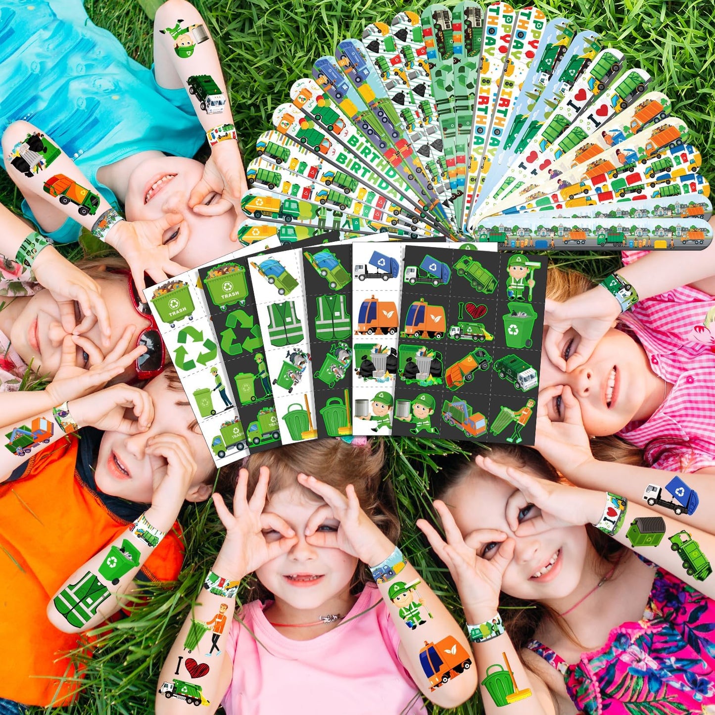 96 PCS Garbage Truck & Trash Truck Party Favors - 72 Pre-Cut Temporary Tattoos & 24 Slap Bracelets for Kids, Birthday Decoration Supplies, Goodie Bag Stuffers Gifts