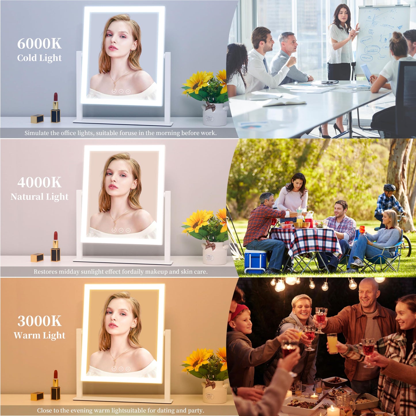 Acoolda Vanity Mirror with Lights, Makeup Mirror with Lights Three Color Lighting Modes, Dimmable Touch Screen, Detachable 10X Magnifying Mirror, 360°Free Rotation,White