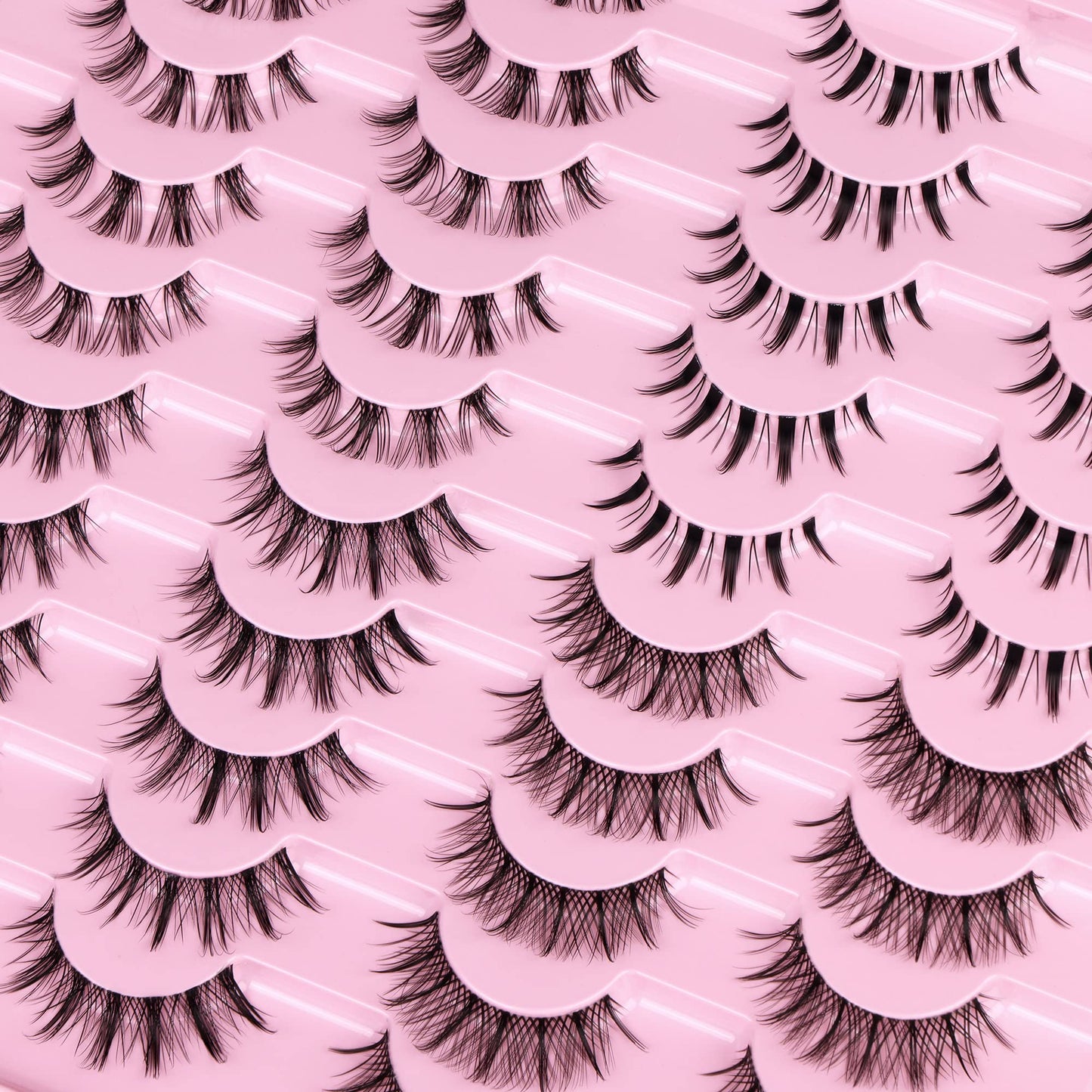 Manga Lashes Natural Look Anime False Eyelashes 20 Pairs Clear Band Individual Wispy Fake Eyelashes Strip Spiky DIY Cluster Lashes Extension C-curly Cat Eye Lashes Pack