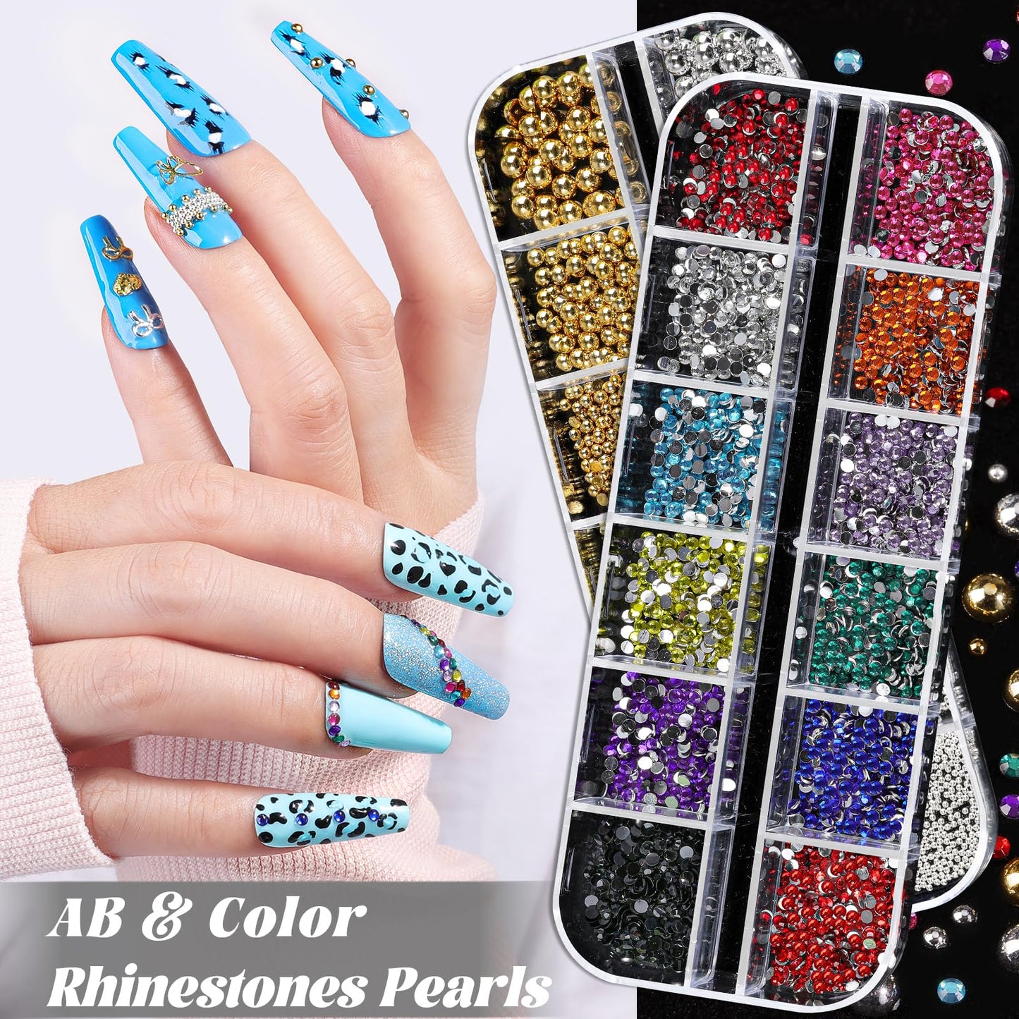 Nail Charms and Gems, Nail Art Kit with 30 Sheets Flower Nail Stickers, 6 Boxes 3D Nail Charms Colorful Clear Flatback Rhinestones Pearls, Diamonds,Picker Tools,Beads Pearls for Nails Art