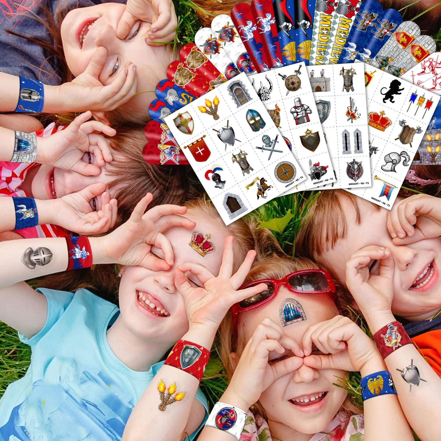 72PCS Medieval Knight Party Set - 48PCS Temporary Tattoos & 24PCS Slap Bracelets - Fun Castle-Themed Birthday Supplies, Baby Shower Gifts, Classroom Rewards & Party Decor for Kids