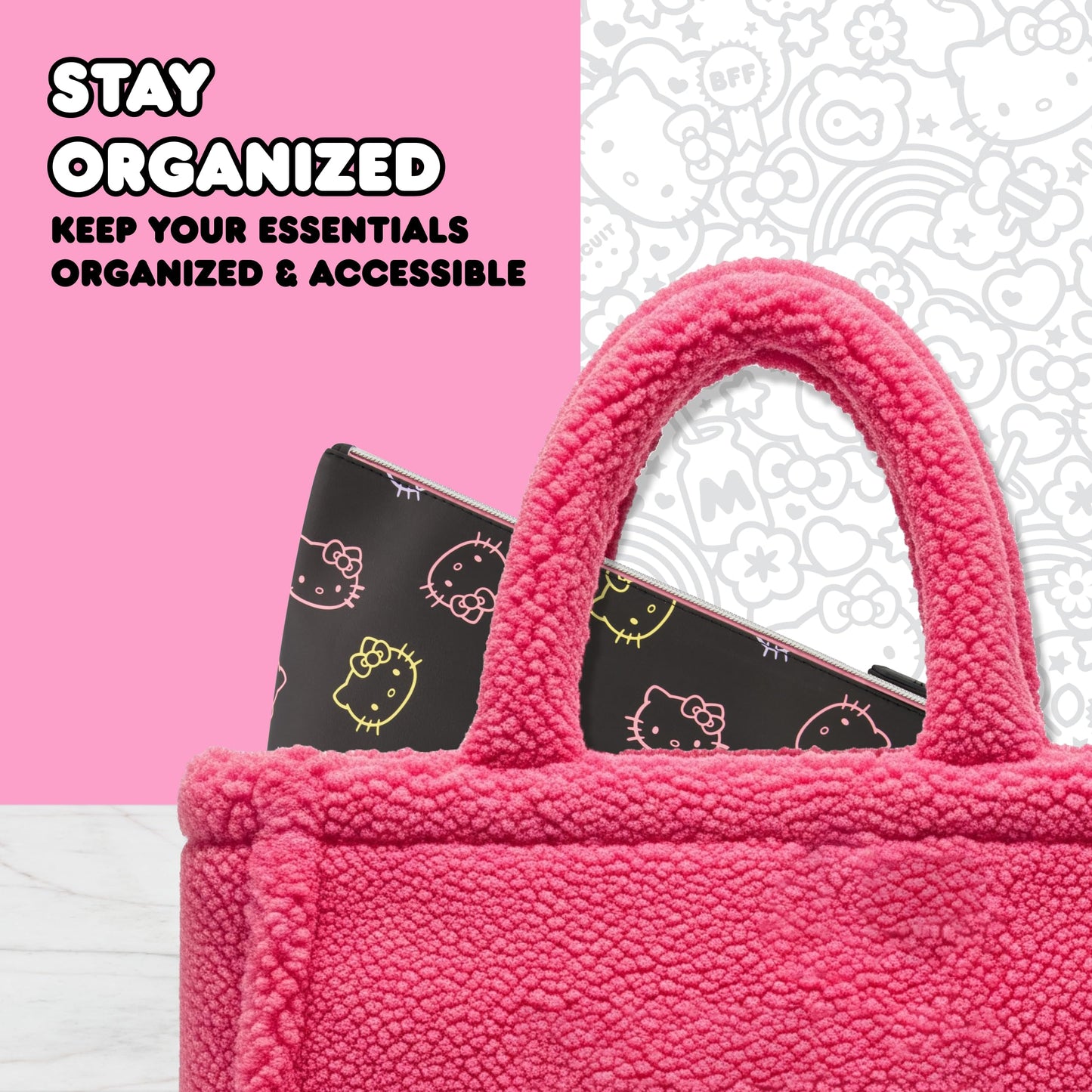 Concept One Hello Kitty Travel Makeup Bag, Trapezoid Cosmetic Organizer Pouch for Women, Black