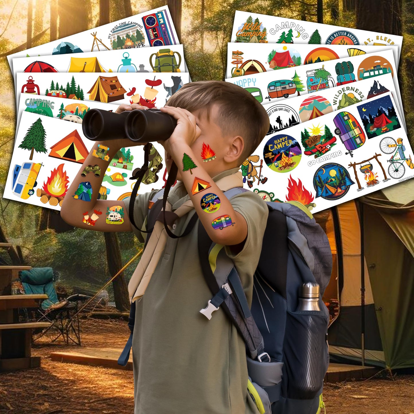 107 PCS Fire Camp Camping Temporary Tattoos Sticker for Kids