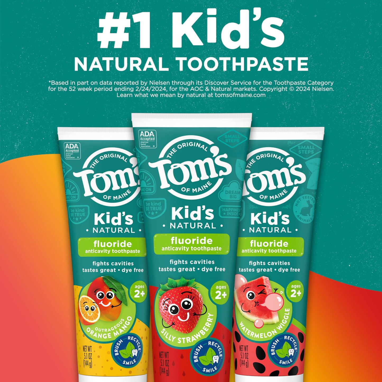 Tom's of Maine Anticavity Kids Natural Toothpaste Variety Pack, Strawberry, Orange Mango, Watermelon Flavors, Kids Toothpaste with Fluoride, Safe for Ages 2 and Up, 5.1 oz (Pack of 3)