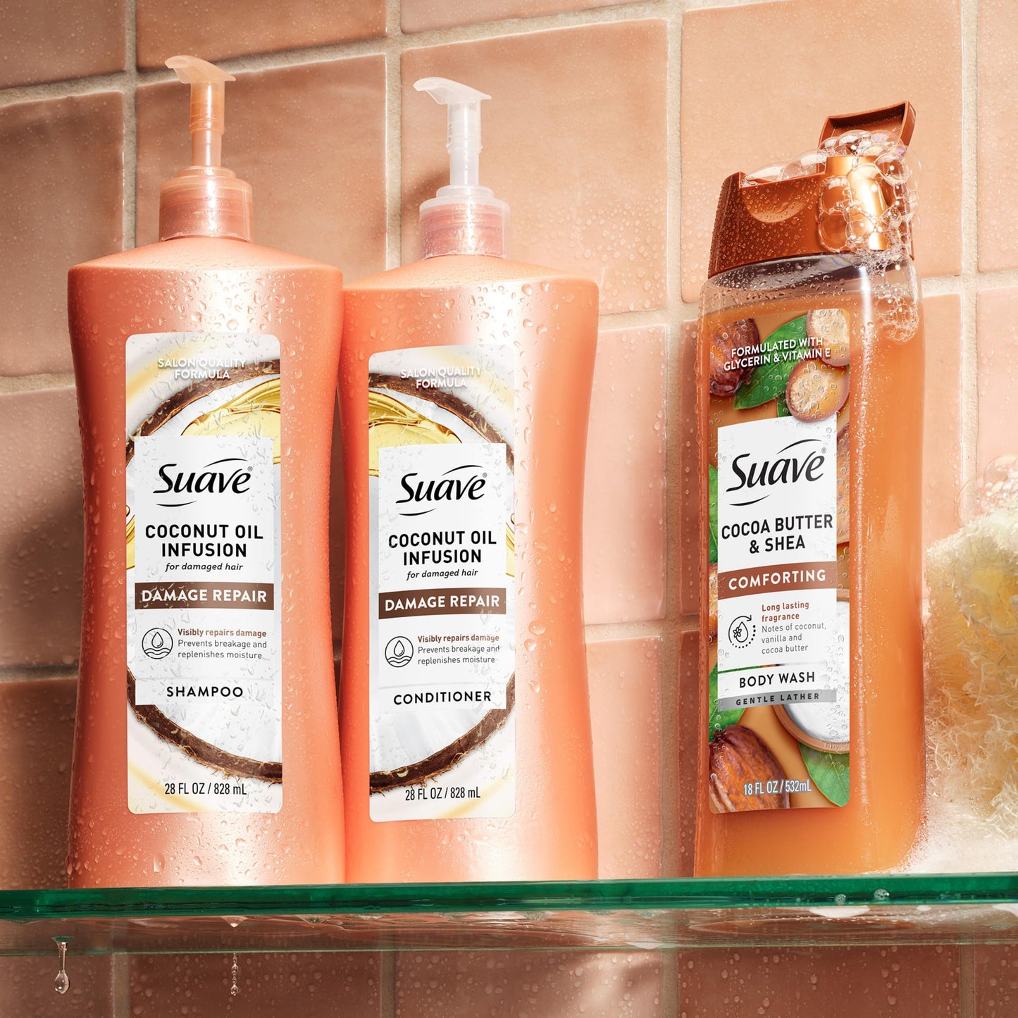Suave Coconut Oil Infusion Shampoo for Damaged Hair, Salon-Proven Damage Repair System, Hydrates & Moisturizes for Visible Repair in 3 Uses, 28 FL OZ Pump, 4 Count