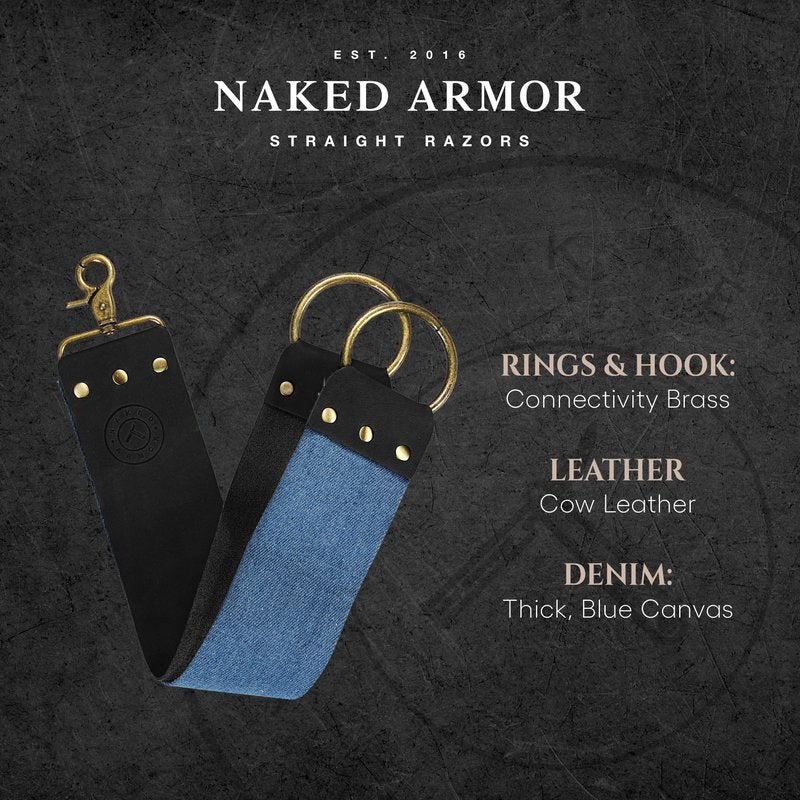 Naked Armor Straight Razor Leather Strop - 2.5" x 15" Cow Leather Razor Blade Sharpener with Brass Hooks, Black