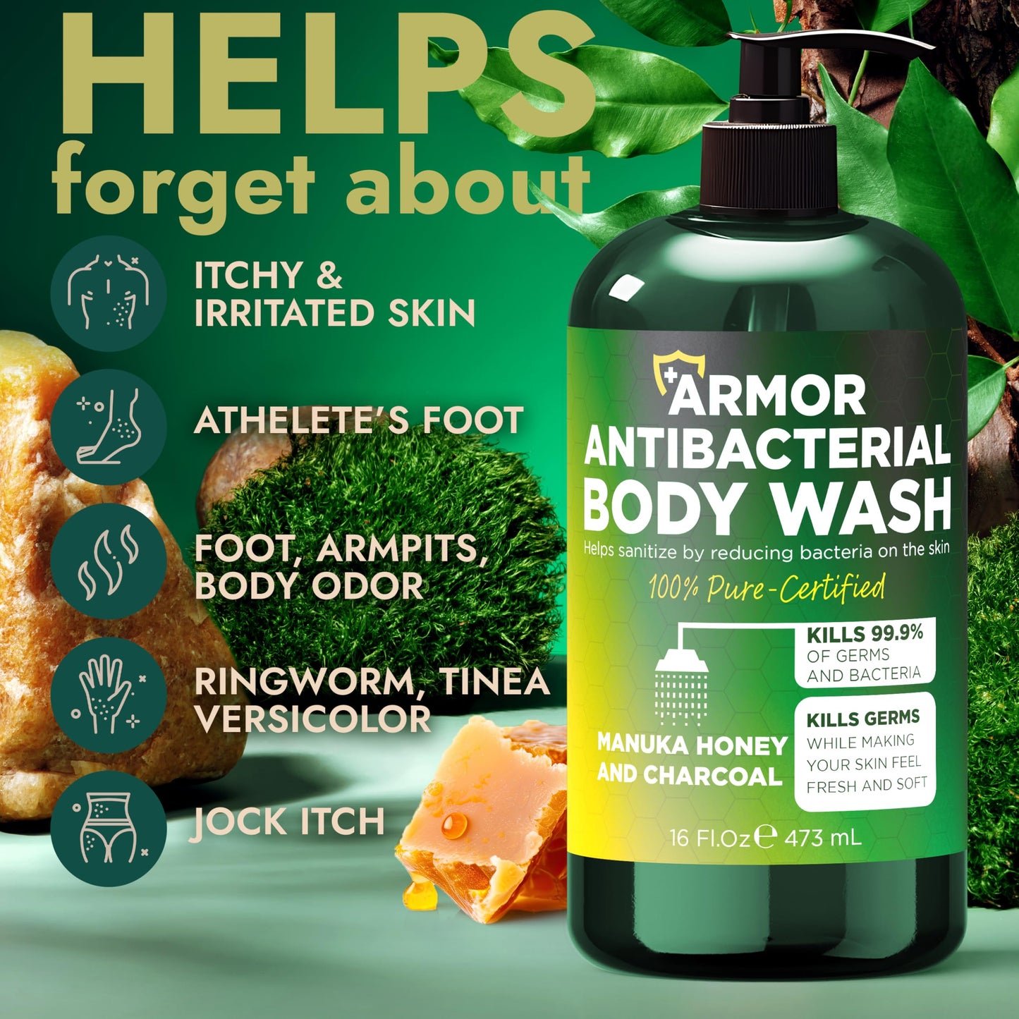 Antibacterial Body Wash | Antibacterial Soap for Men & Women | Kills 99.9% of Germs & Bacteria | Helps with Back Acne, Body Odor & Skin Irritation | Manuka Honey & Charcoal | Includes Scrubber16 fl oz