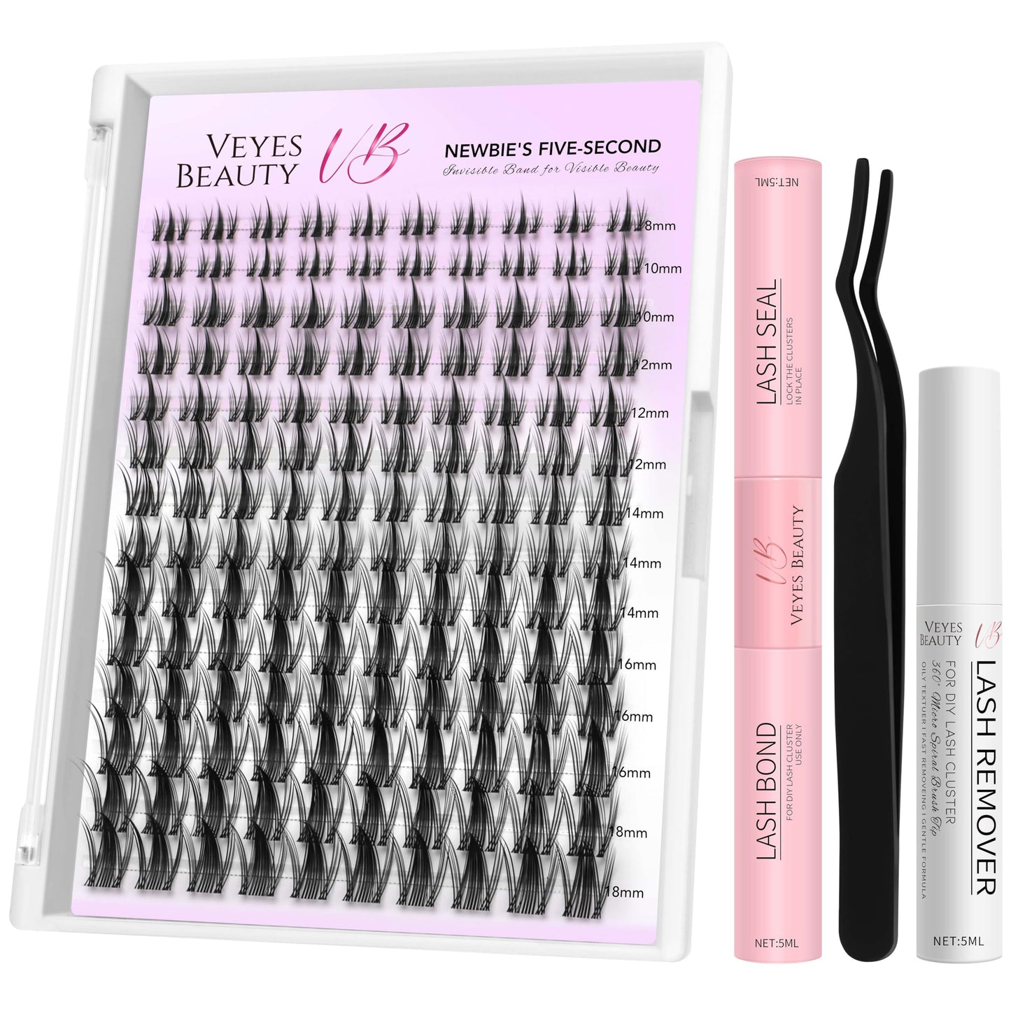 VEYESBEAUTY Manga Lash Clusters Kit Eyelash Extensions Thin & Invisible Band DIY Individual False Eyelashes Newbie's Five-Second Series Wispy Lash Tray Kit, with Bond&Seal Remover Applicator