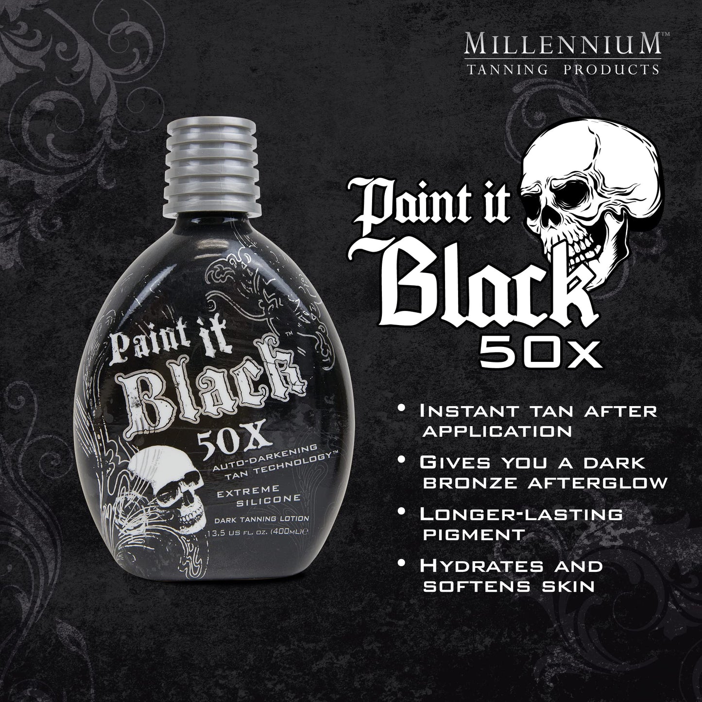 Millennium Tanning Paint It Black 50X Dark Tanning Lotion Accelerator for Indoor Tanning Beds & Outdoor Sun Tan with Bronzer, 13.5 fl. oz.