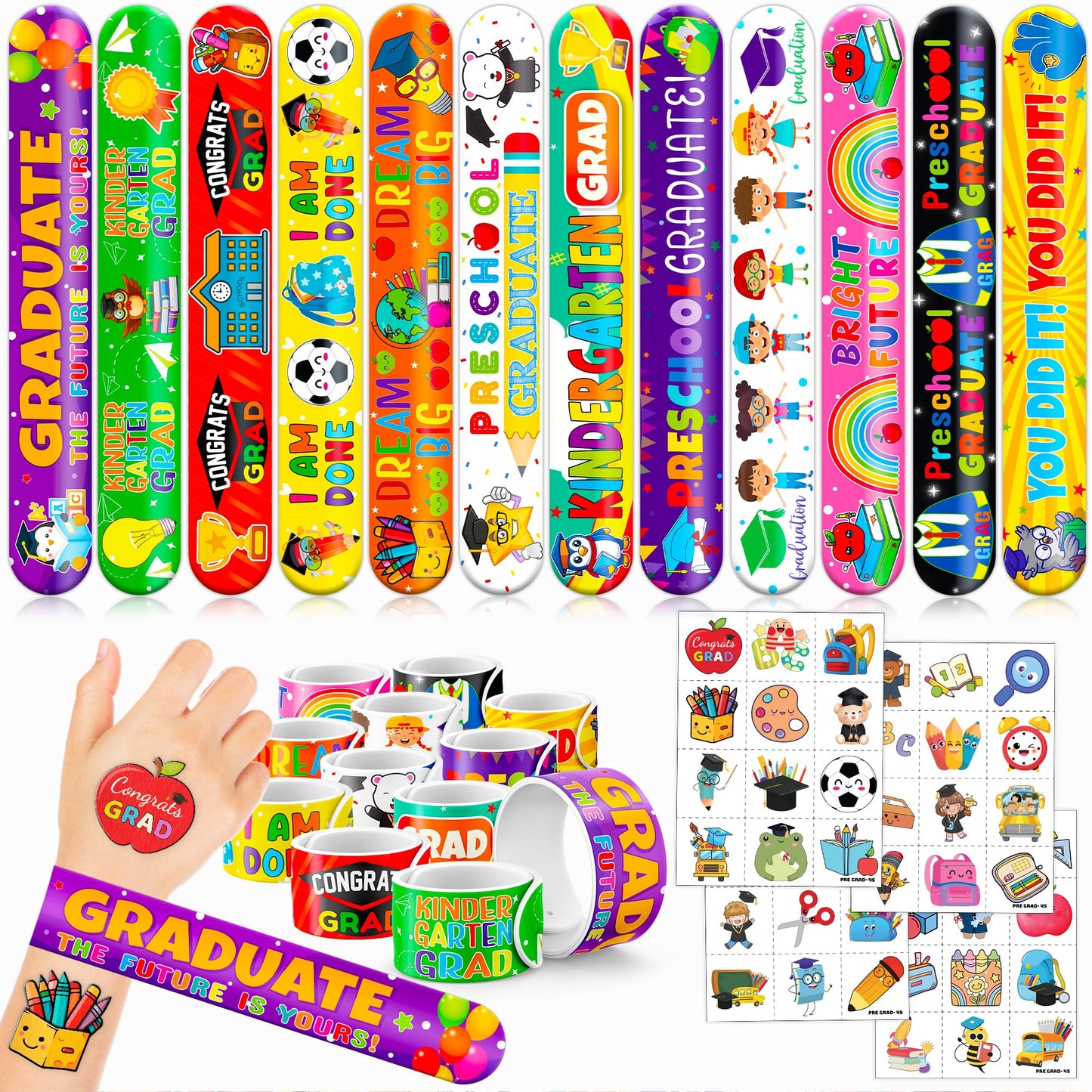 72 PCS Kindergarten Graduation Party Set - 48 Temporary Tattoos & 24 Slap Bracelets - Perfect for Themed Parties, Baby Showers, Classroom Rewards & Gifts for Kids