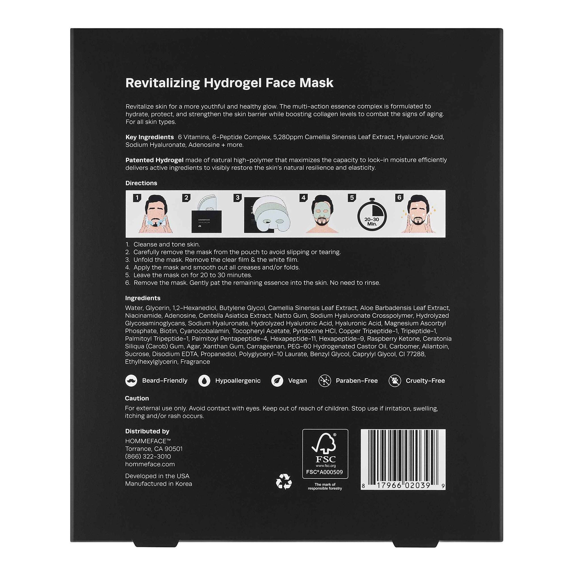 HommeFace Men’s Revitalizing Hydrogel Facial Mask Set (5ct) - Hydrating, Beard-Friendly, Anti-Aging, Soothing Face Sheet Masks - Korean Skincare Technology with Hyaluronic Acid, Vitamins & Peptides
