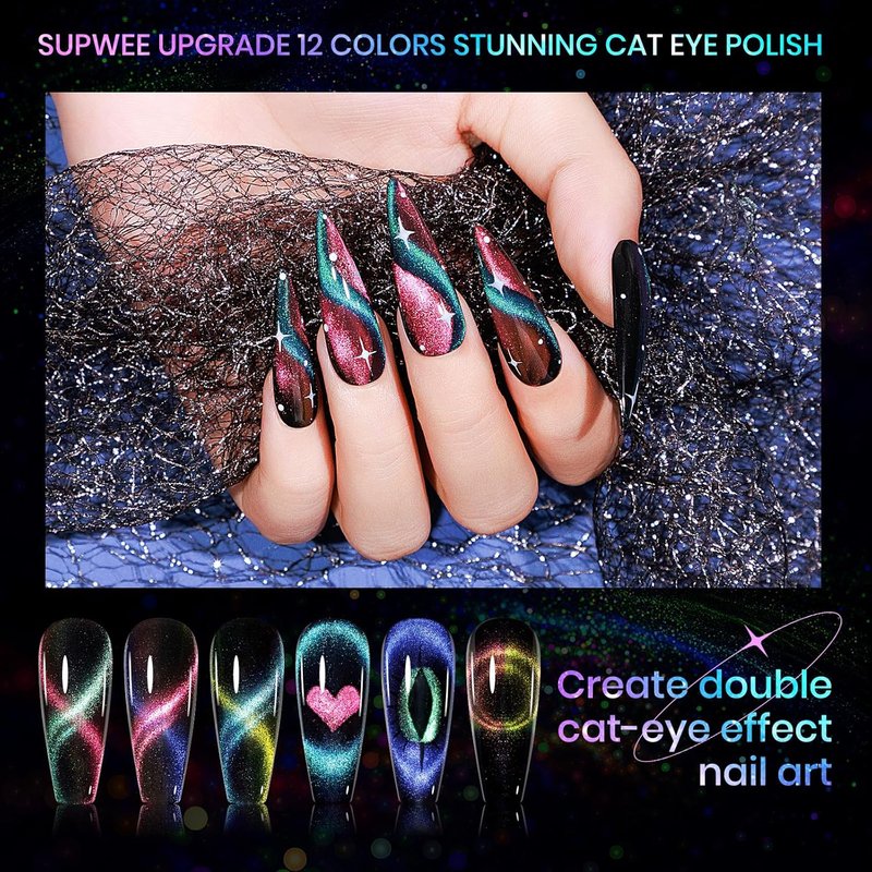 Cat Eye Gel Nail Polish Set - 12 Colors 9D Magnetic Nail Art | DIY Home Manicure Kit with Black Gel & Lamp