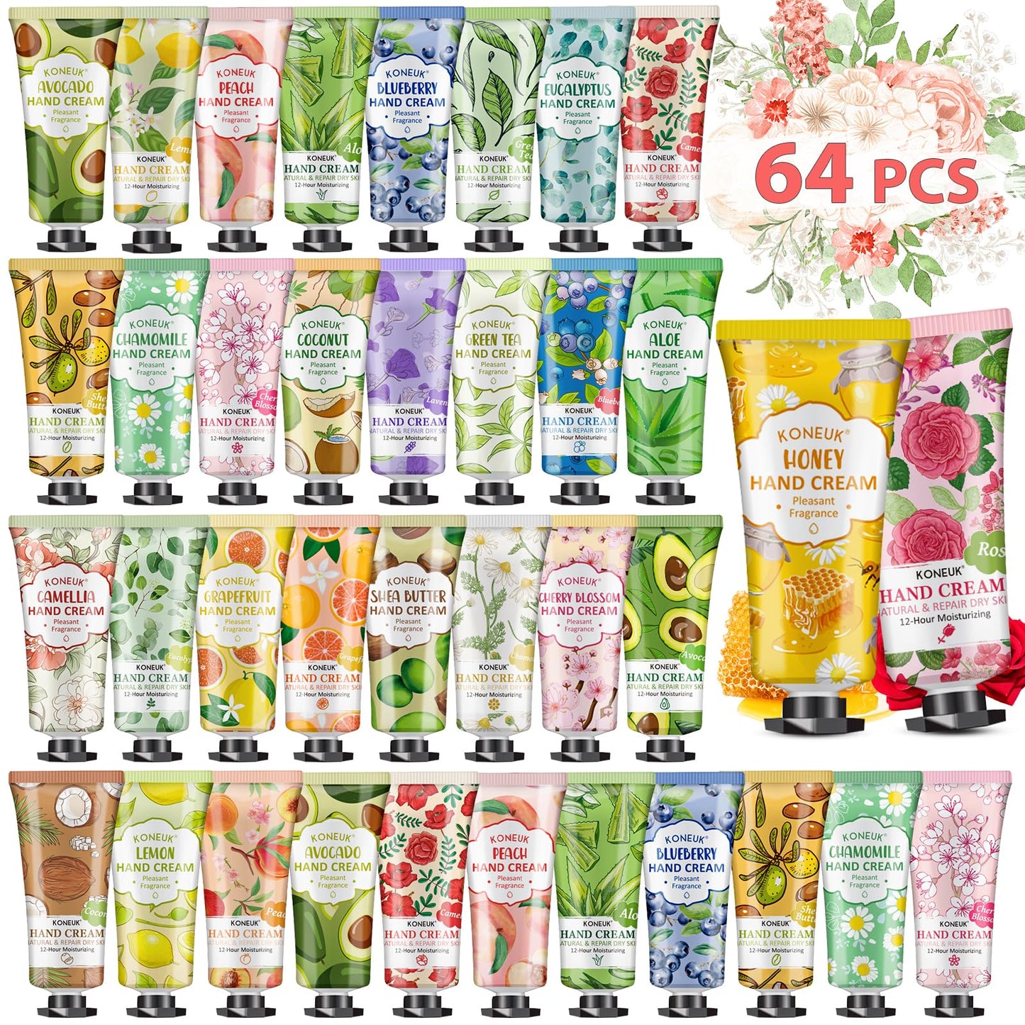 KONEUK 64 Pack Moisturizing Hand Cream Set, Bulk Gifts for Women, Hand Lotion Travel Size for Dry Cracked Hands, Mini Hand Cream for Teacher Appreciation Gifts, Wedding Favors, Thank You Gifts