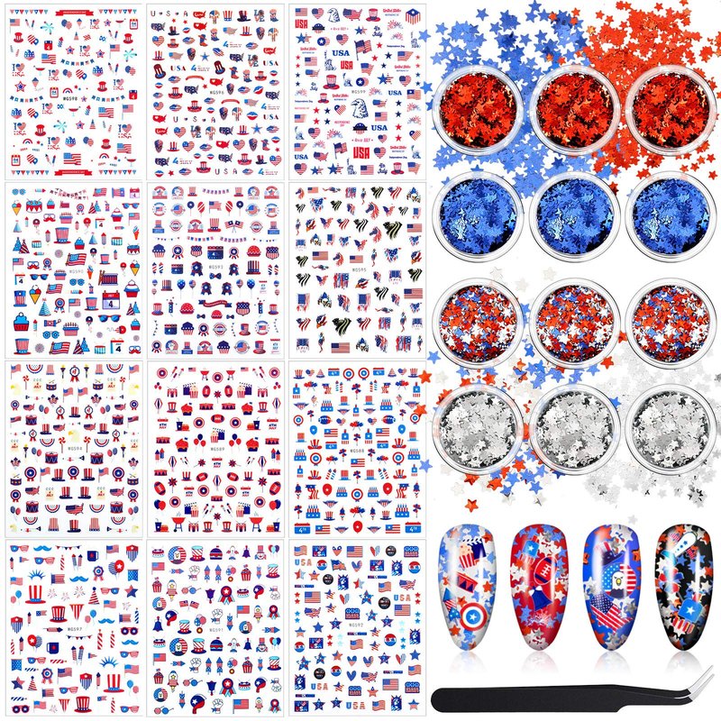 Maitys 12 Sheets 4th of July Nail Stickers with 12 Boxes Sequins 250th Anniversary Independence Day Decals 3D Self-Adhesive Patriotic Flag Nail Stickers for Women Manicure Supplies for Women Girls