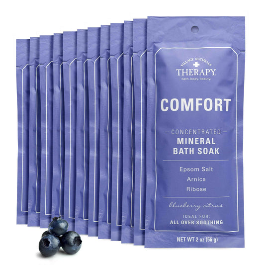 Village Naturals Therapy, Comfort Concentrated Mineral Bath Soak, Blueberry Citrus, 2 Oz, Pack of 12