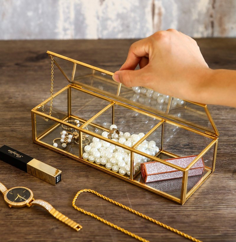 Utopz Vintage Golden Glass Lidded Box Clear Glass & Brass Metal Storage Jewelry and Cosmetic Makeup Organizer with Lid Beauty Display, Rectangle with 3 Compartment