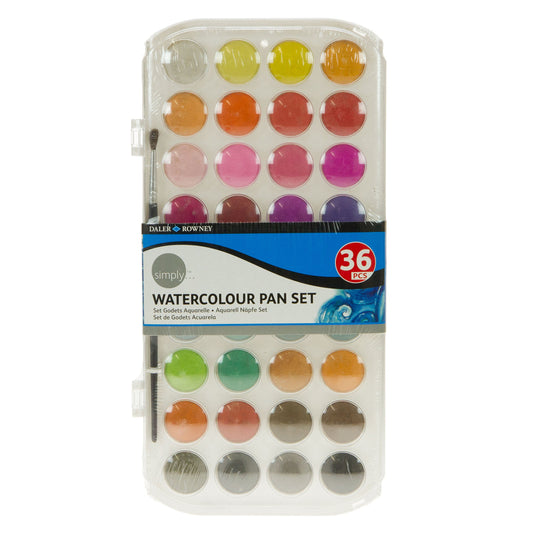 Daler-Rowney Simply Watercolor Pan Set - 36 Pan Travel Watercolor Set for Student Artists of all Ages - Vibrant Smooth Watercolor Paint Set for Canvas Paper and More