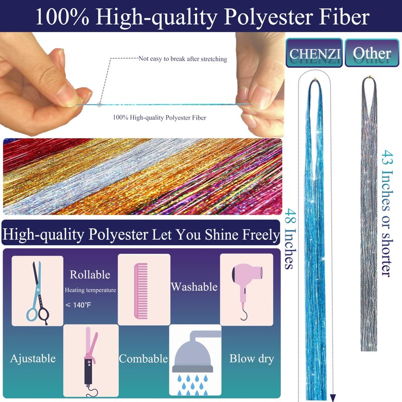 CHENZI 30 Colors 9900 Strands Hair Tinsel Kit, 48 Inch Glitter Tinsel Hair Extensions for July Fourth Christmas New Year Halloween Cosplay, Heat Resistant Fairy Hair Accessories for Girls, Kids, Women