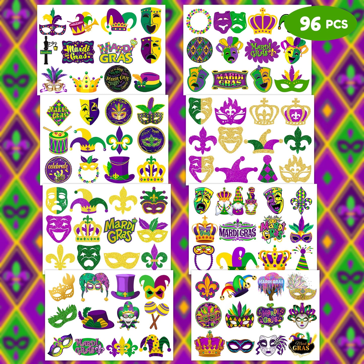 96 PCS Fat Tuesday Temporary Tattoos for Kids - Fat Tuesday Party Favors