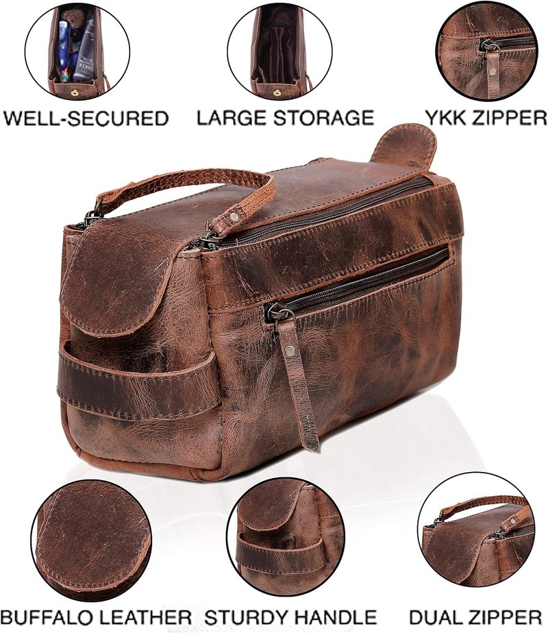 Genuine Buffalo Leather Unisex Toiletry Bag - Premium Travel Dopp Kit | Durable & Stylish Design