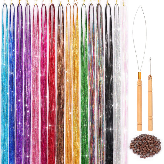 16 Colors Hair Tinsel Kit, ELASO 48 Inches 3300 Strands Tinsel Hair Extensions, Fairy for Christmas Halloween Cosplay Party, Highlights Sparkling Glitter Hair