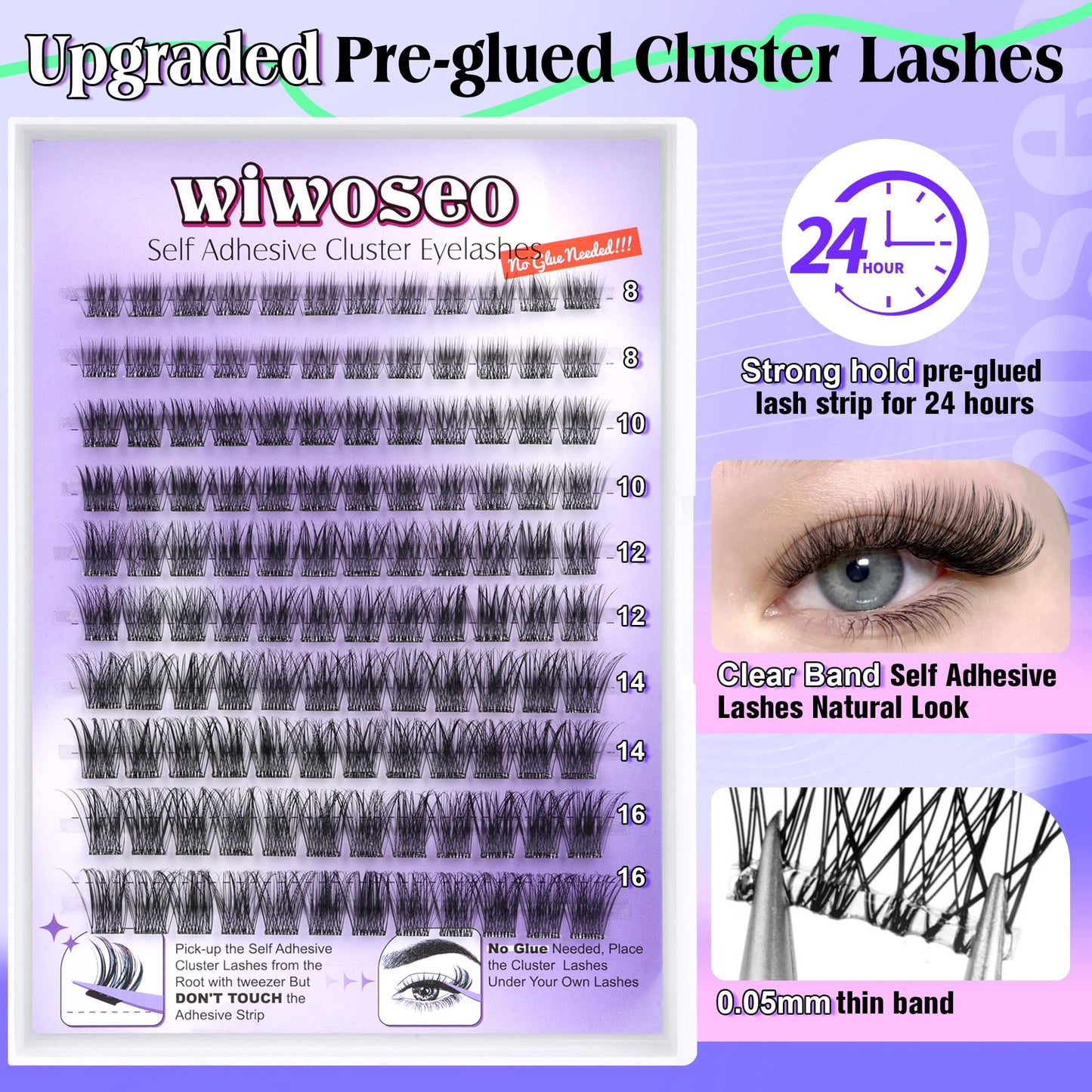 wiwoseo Self Adhesive Lashes Clear Band Lashes Clusters No Glue Needed Self Adhesive Lash Clusters Pre Glued Eyelash Clusters Press on Lashes Resuable Eyelash Extensions without Glue