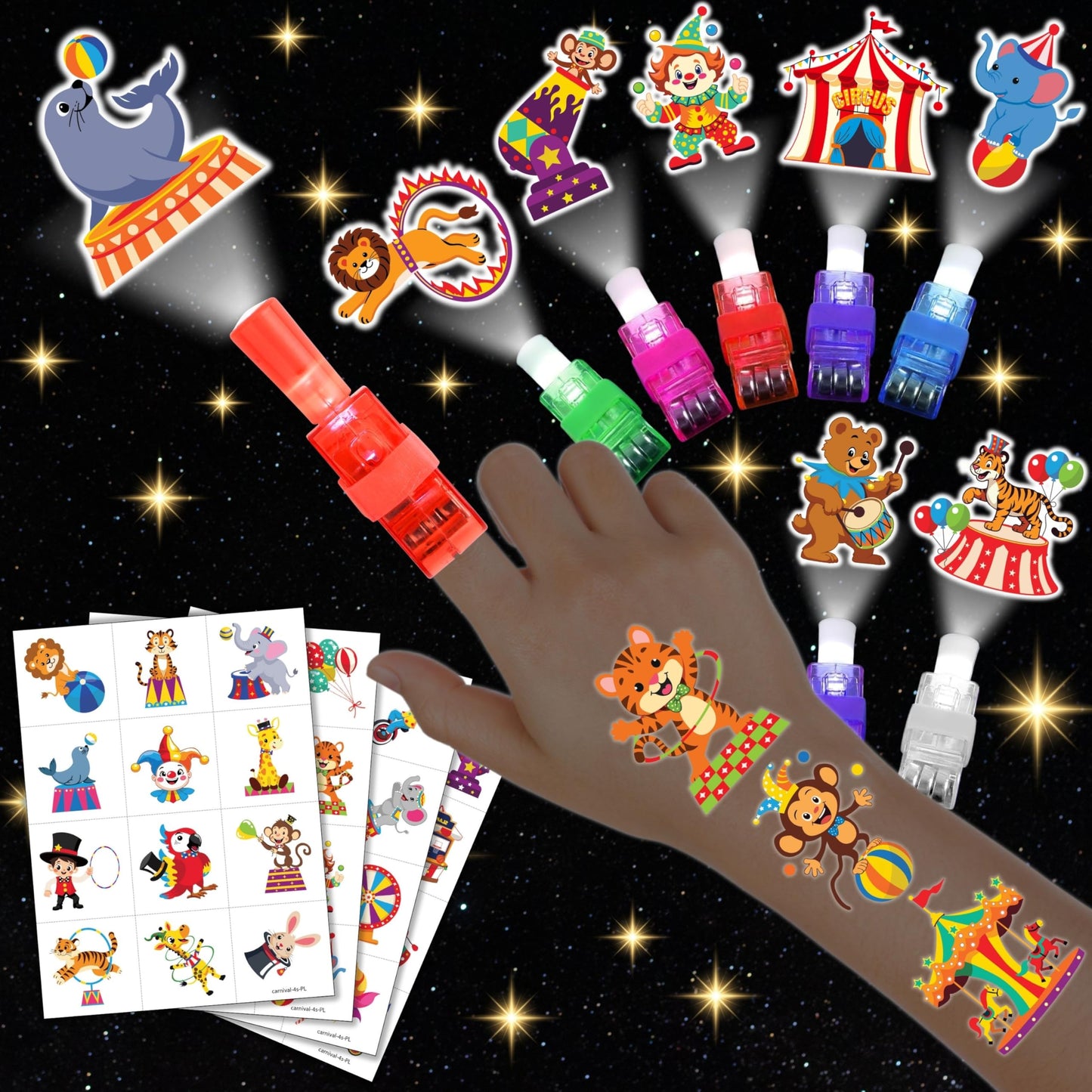 72 PCS Carnival Party Favors – 48 PCS Luminous Tattoos & 24 PCS LED Finger Lights Combo – Birthday Goodie Bag Fillers, Party Supplies, Gifts Light Up Toys Glow In The Dark for Boys and Girls