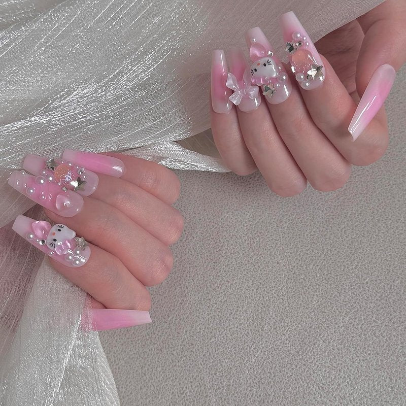Press On Nails - 24 Pcs Long Kawaii Light Pink Gel Nails for DIY Manicure | Perfect for Girls