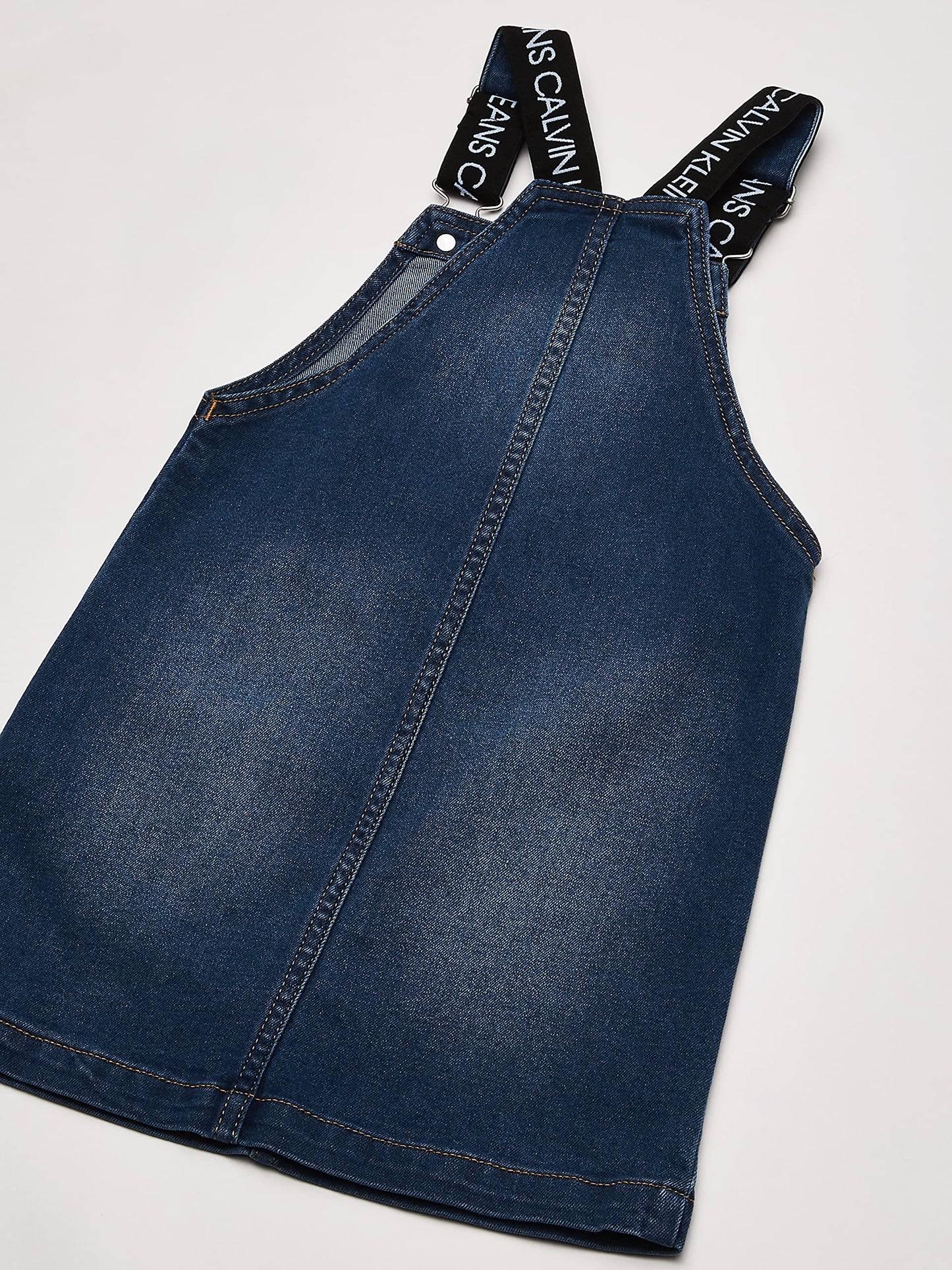 Calvin Klein Girls' Denim Skirtall Dress, Overall Style with Hook & Loop Closure, Boyfriend Fit, Functional Front Pocket, Authentic, 7