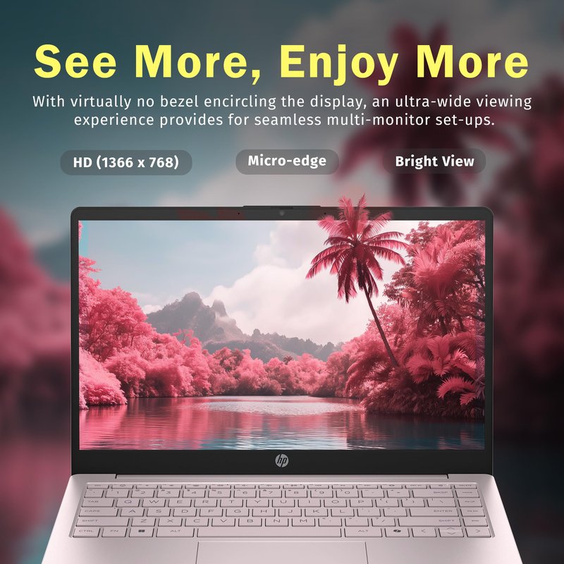 HP Stream 14" HD BrightView Laptop, Intel Processor N150, 4GB RAM, 1.12TB Storage (128GB UFS + 1TB Docking Station), Intel UHD Graphics, 720p Camera, Wi-Fi, 1 Year Office 365, Win 11 S, Tranquil Pink