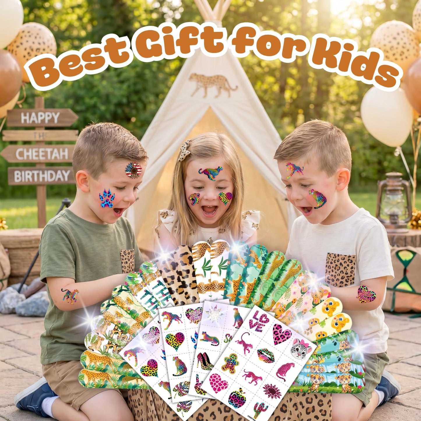 Cherisnowy 72 PCS Cheetah Party Favors 48PCS Tattoos Sticker and 24PCS Slap Bracelets Wristbands Perfect for Themed Birthday Baby Showers or Classroom Rewards Ideal Decor and Gifts for Girls and Boys