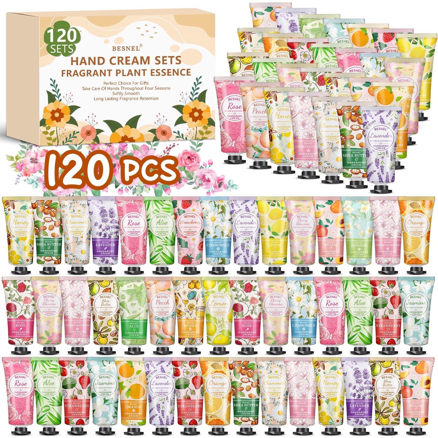 BESNEL 120 Pack Hand Cream Gift Set For Women, Teacher Appreciation Gifts, Mini Hand Lotion Travel Size in Bulk for Dry Cracked Hands, Graduation Gifts, Birthday Gift, Bridesmaid Gift,Party Favors