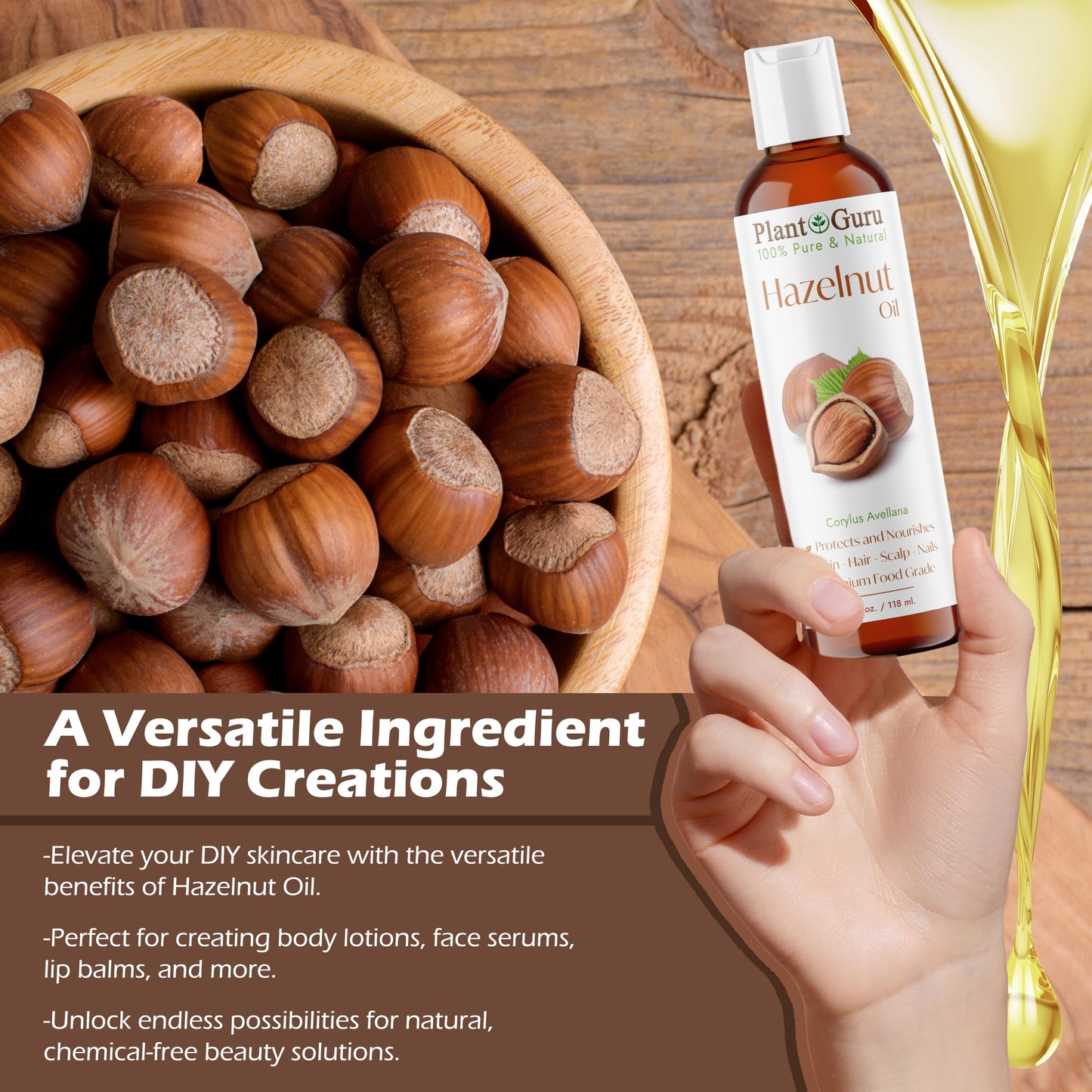 Hazelnut Oil 32 fl. oz. Cold Pressed 100% Pure Natural Carrier - Skin, Face, Body And Hair Growth Moisturizer. Great For DYI Cream, Lotions and Lip balm.