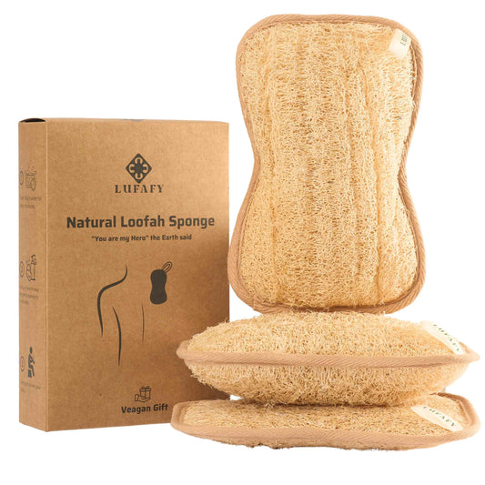 LUFAFY Large Premium Natural Dual Sided Loofah Sponge (3 - Pack), Exfoliating Body Scrubber, 100% Plant-Based Shower Luffa Sponge, Bath Loofah for Women and Men